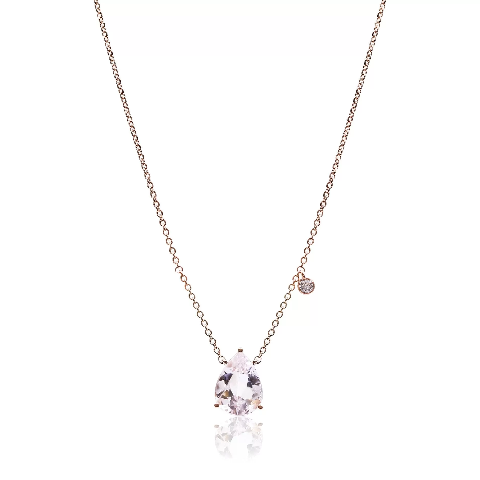 18K ROSE GOLD TEARDROP MORGANITE PENDANT WITH DIAMOND ACCENT NECKLACE