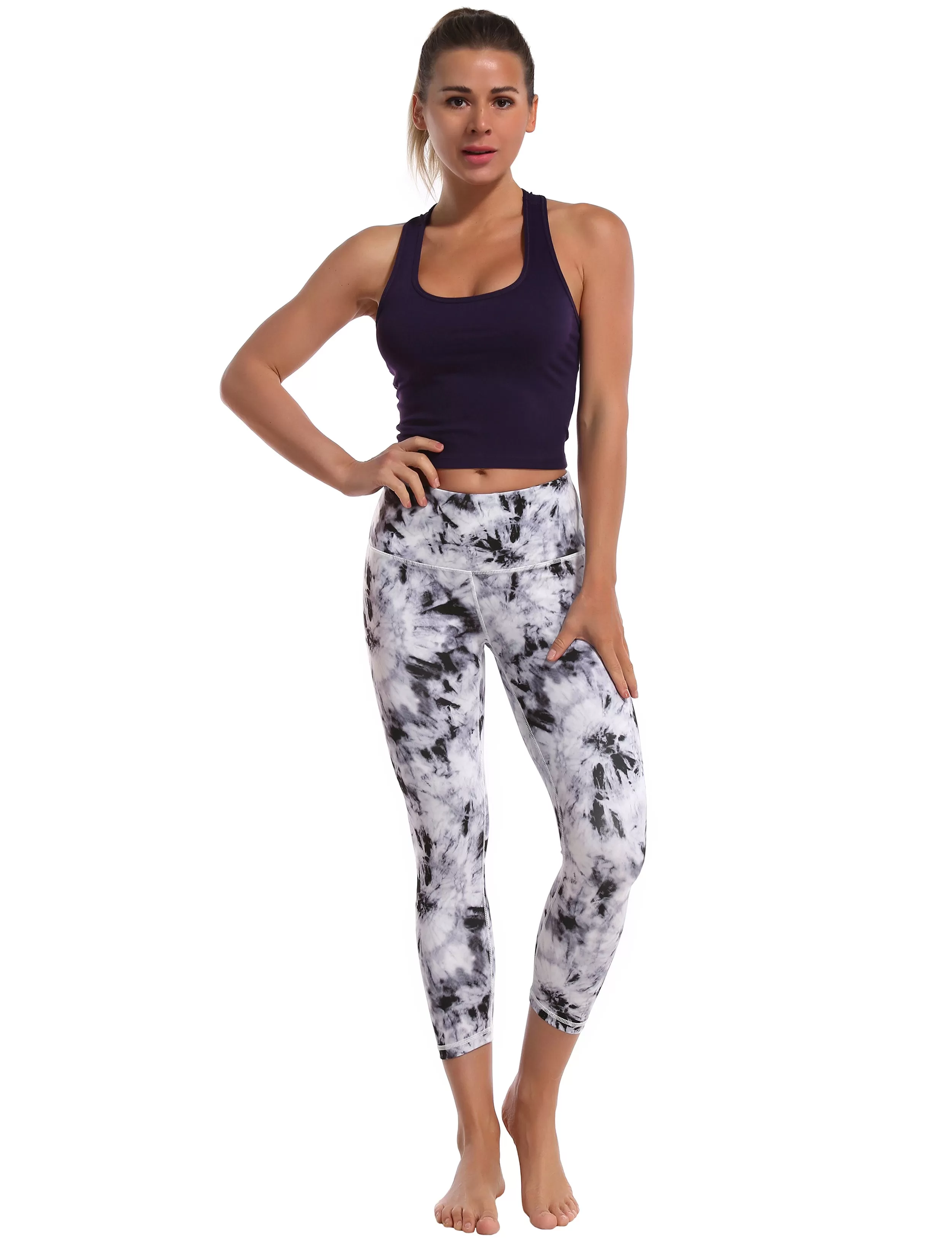 19 High Waist Printed Crop Tight Capris black dandelion_yogastudio