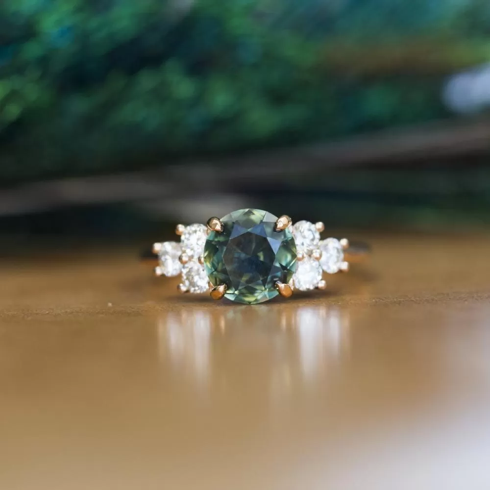 2.07ct Untreated Green Parti Sapphire and White Diamond Side Stone Cluster Ring in 14K Rose Gold