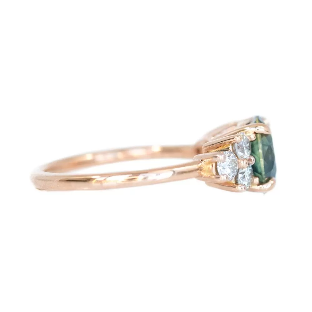 2.07ct Untreated Green Parti Sapphire and White Diamond Side Stone Cluster Ring in 14K Rose Gold