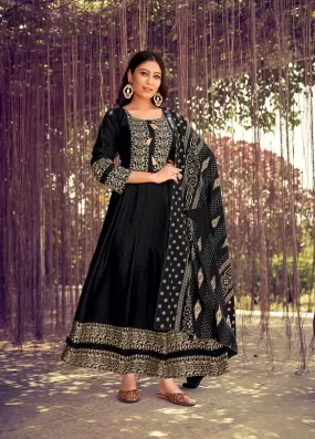 Attractive Black Color Fancy Foil Printed Rayon Gowns With Dupatta Collection