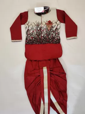 Beautiful Printed Maroon Color Kurta And Dhoti Style Pant With Brooch Pin