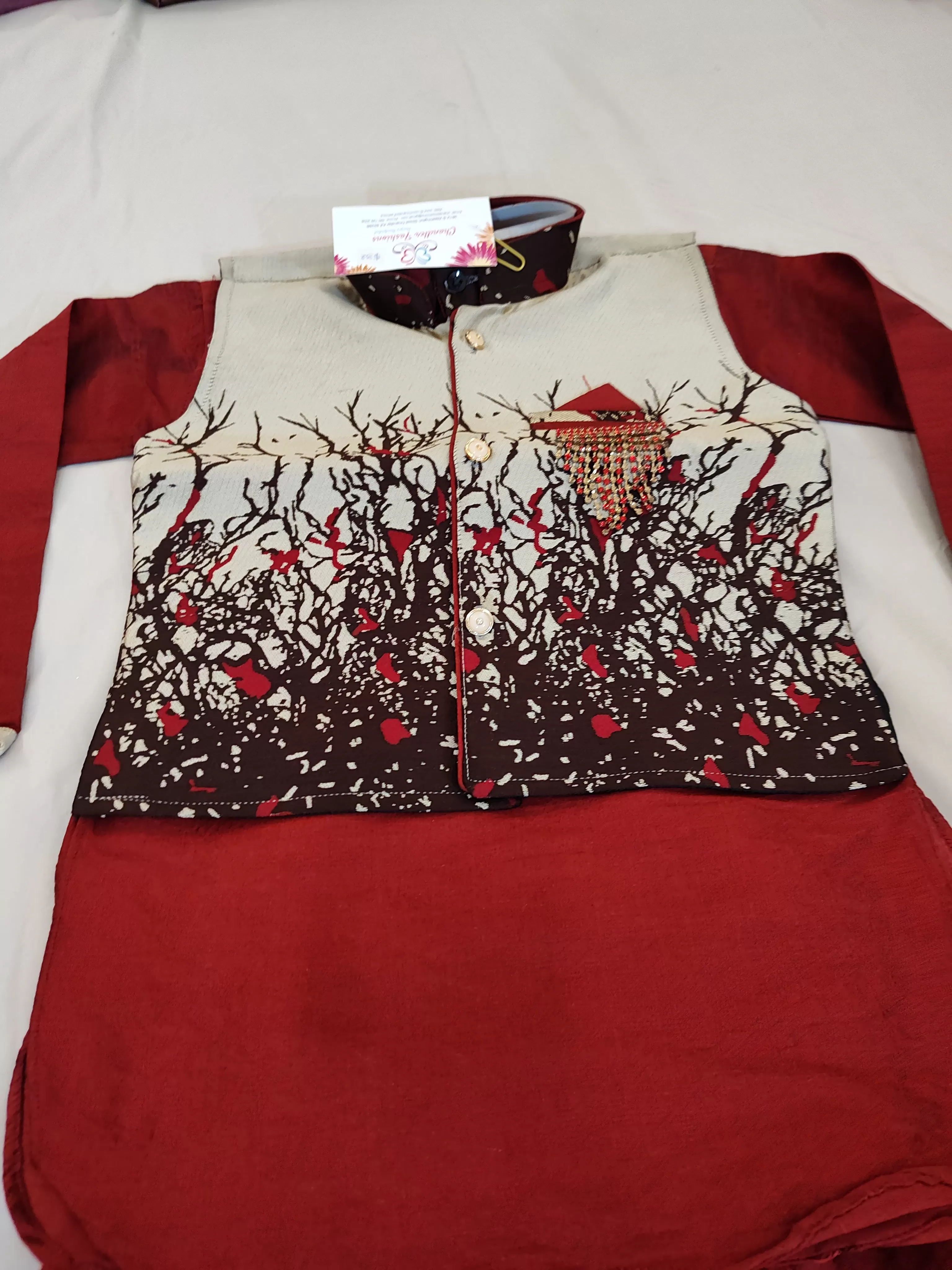 Beautiful Printed Maroon Color Kurta And Dhoti Style Pant With Brooch Pin