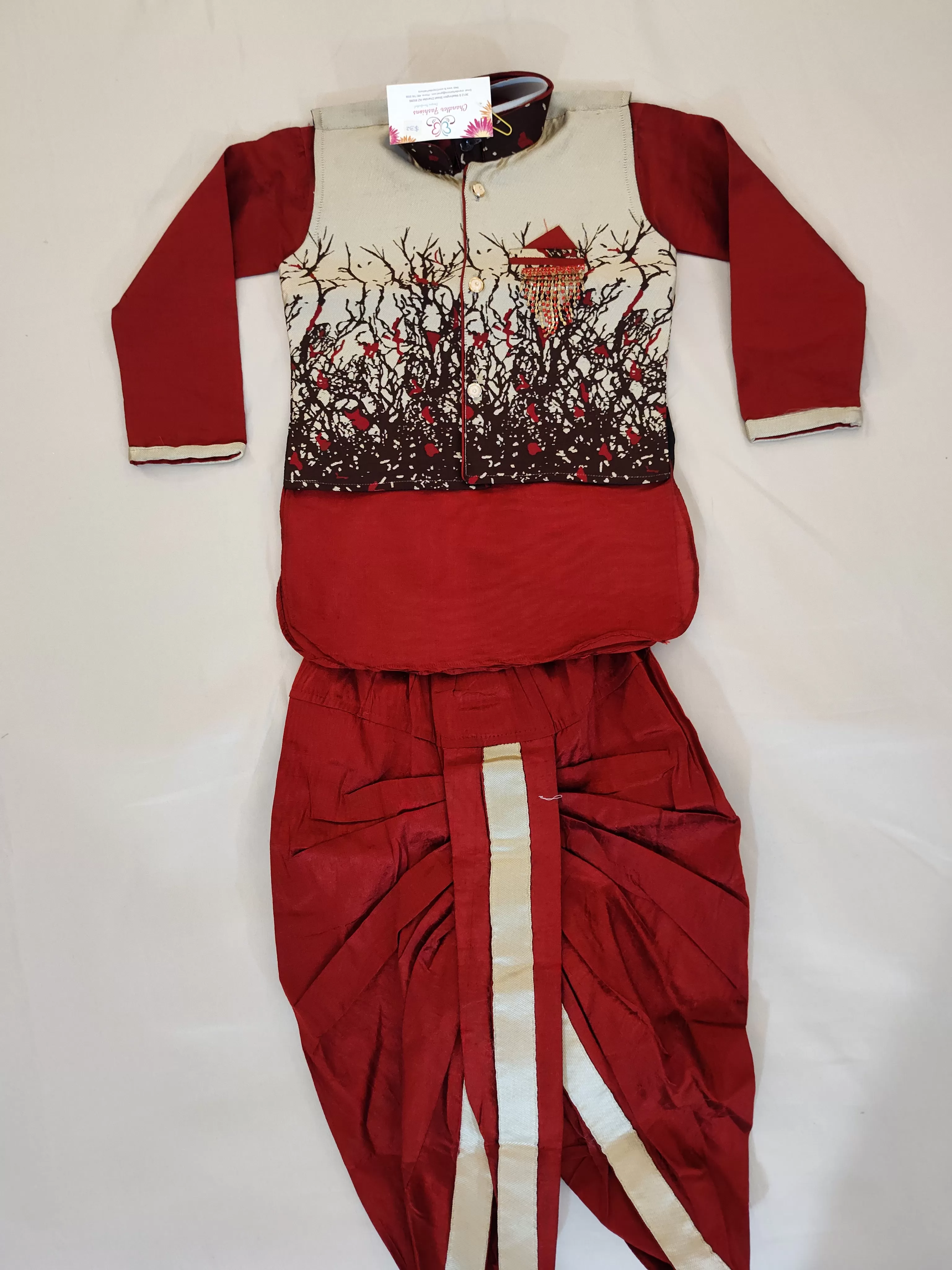 Beautiful Printed Maroon Color Kurta And Dhoti Style Pant With Brooch Pin