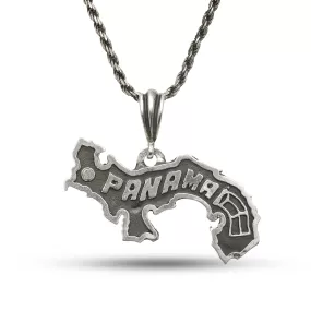 Better Jewelry .925 Sterling Silver Black Oxidised Panama Map Pendant Necklace w. Rope chain