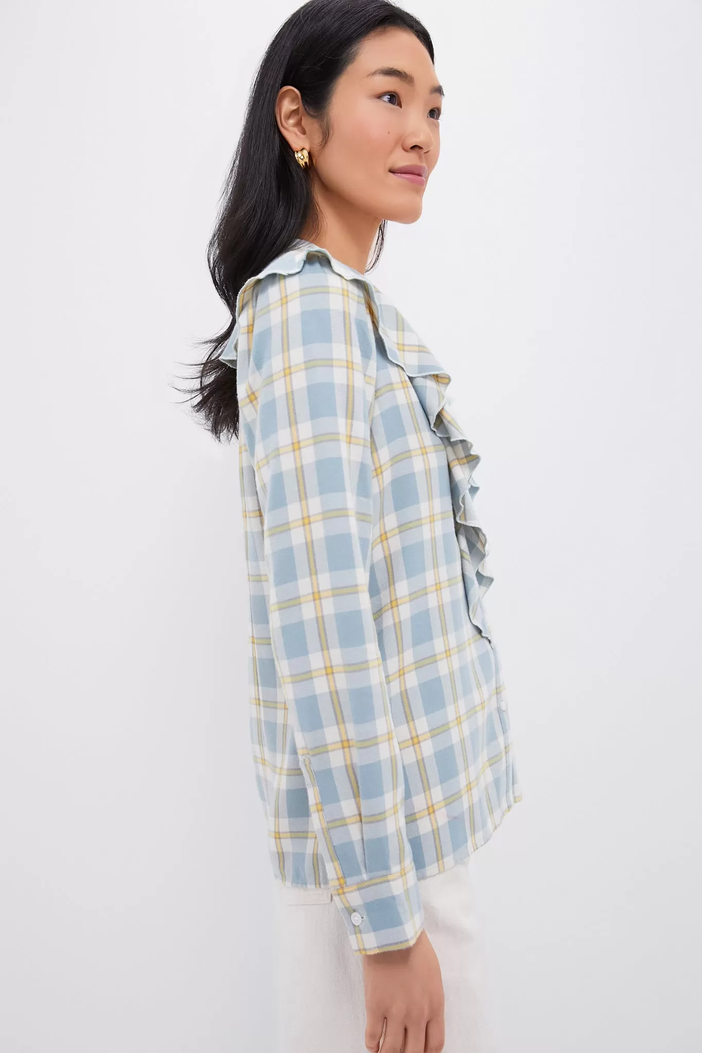 Blue Plaid V Neck Ruffle Eileen Button Down