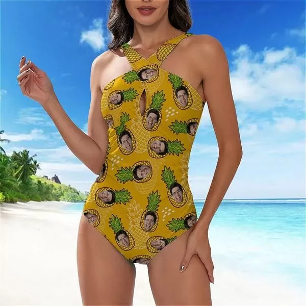 Custom Face Yellow Pineapple Women's Tummy Control Front Cross Backless Swimsuit Bathing Suit Cross Collar One Piece Swimsuit