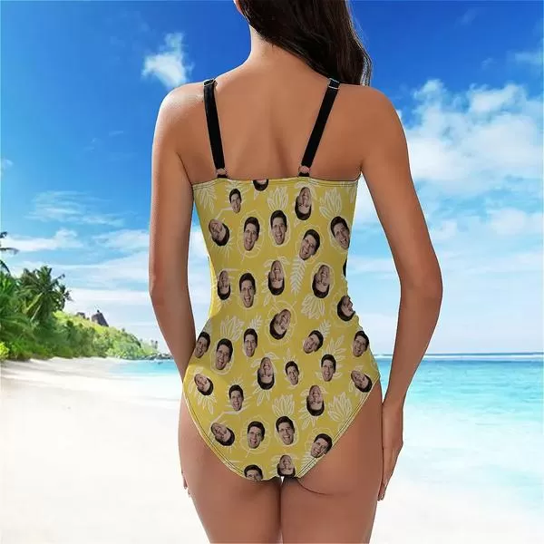 Custom Face Yellow Pineapple Women's Tummy Control Front Cross Backless Swimsuit Bathing Suit Cross Collar One Piece Swimsuit