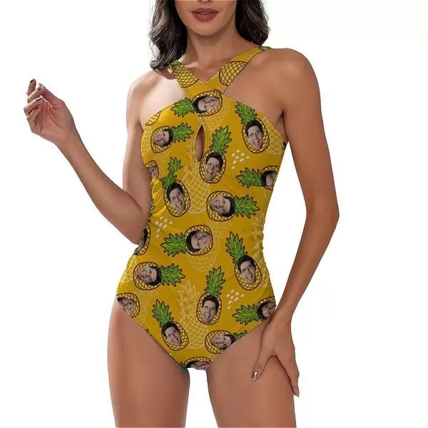 Custom Face Yellow Pineapple Women's Tummy Control Front Cross Backless Swimsuit Bathing Suit Cross Collar One Piece Swimsuit