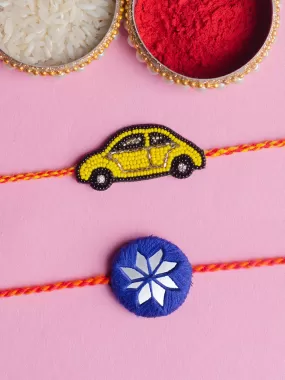 Cute Yellow Car   Bandhan Blue Set of 2 Rakhis for Kids