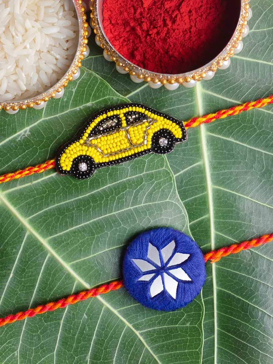 Cute Yellow Car   Bandhan Blue Set of 2 Rakhis for Kids