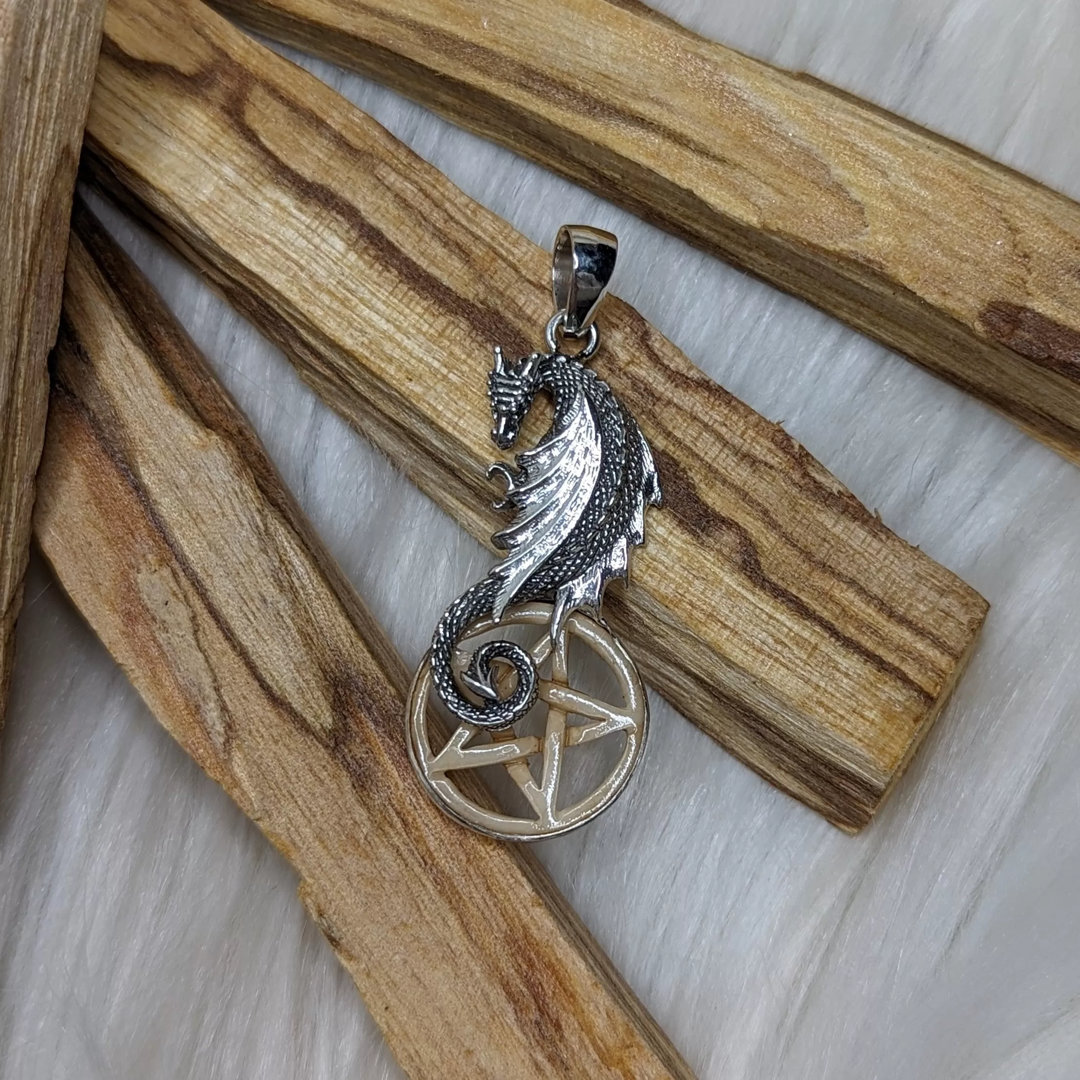 Dragon and Pentagram Pendant~ Bone Carving and Sterling Silver~ Includes Silver Chain