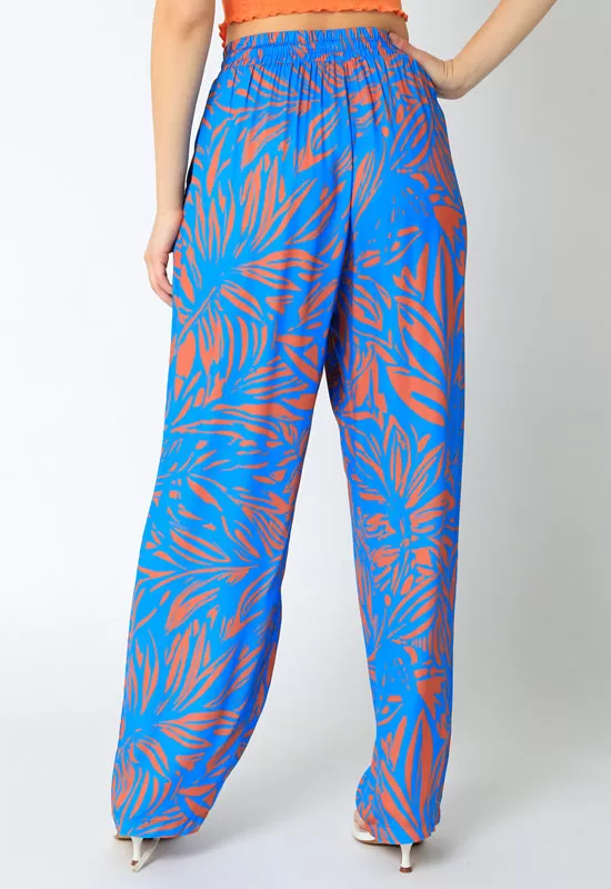 Floral Leaf Print Pant - Blue Orange