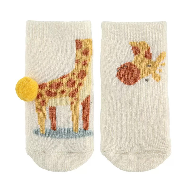 Giraffe Non-slip Terry socks with Pompom Beige