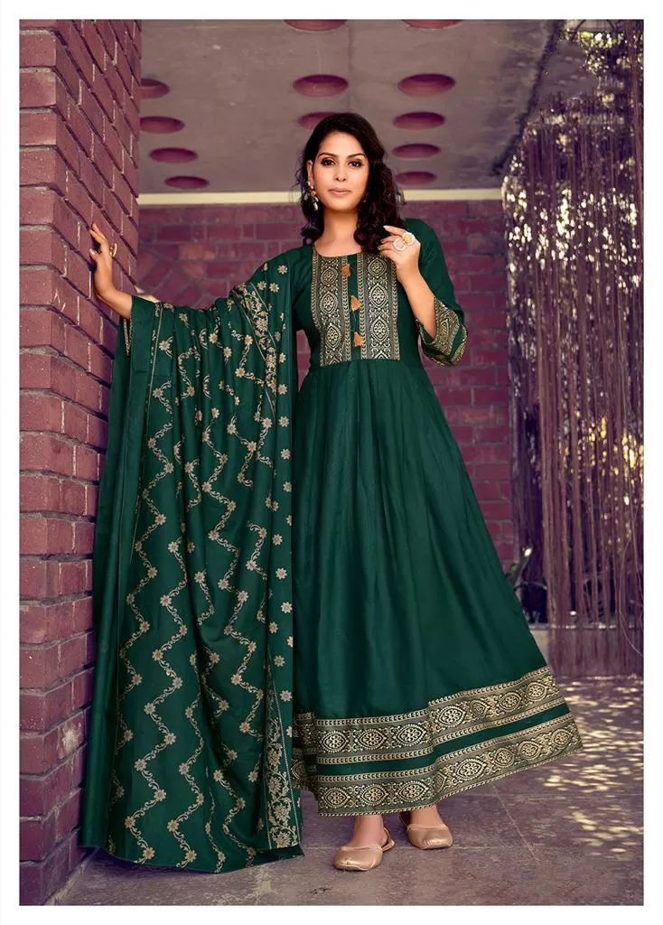 Green Color Fancy Foil Printed Rayon Gowns With Dupatta Collection