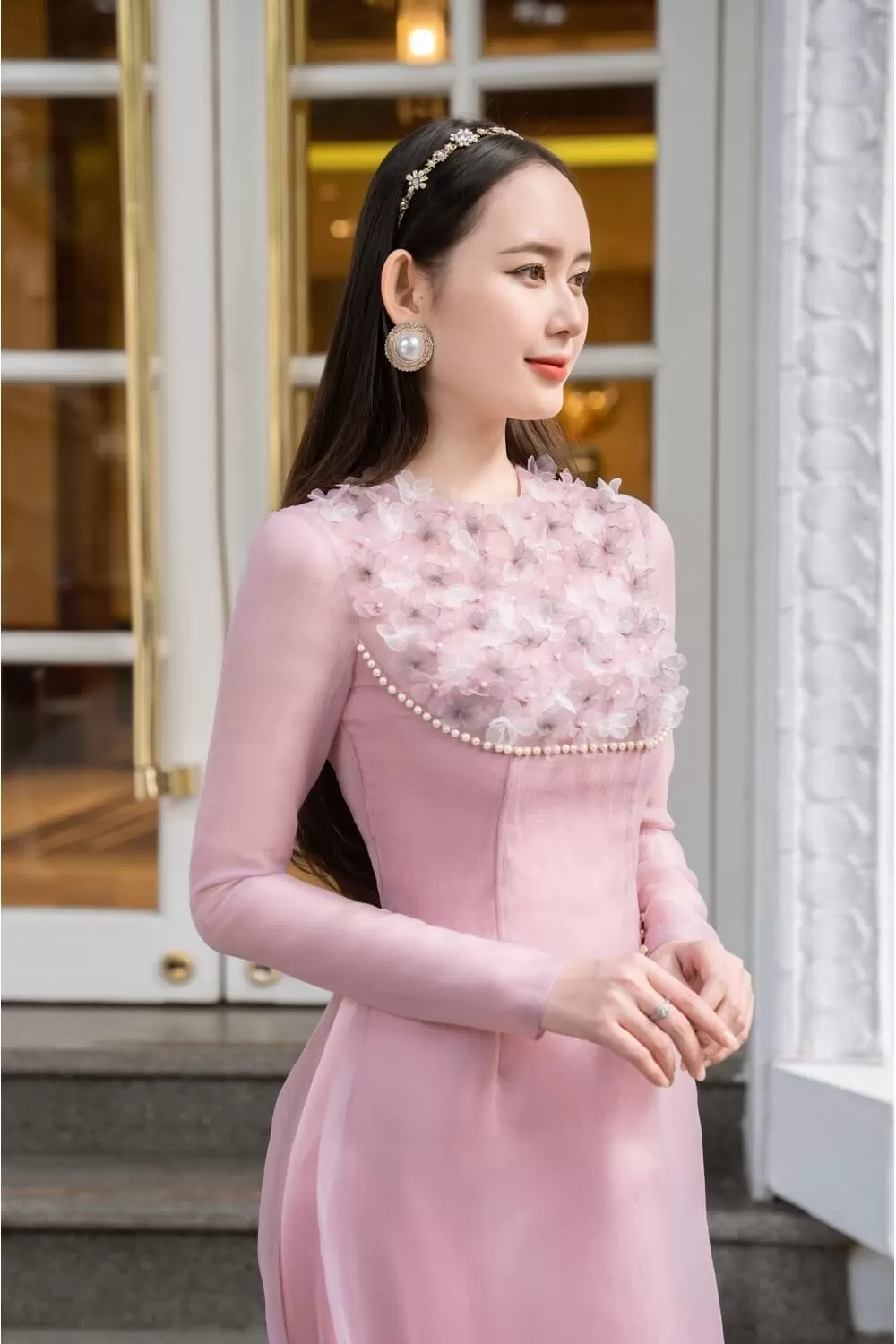 Isabelle Fitted Flower Applique Organza Long Length Ao Dai