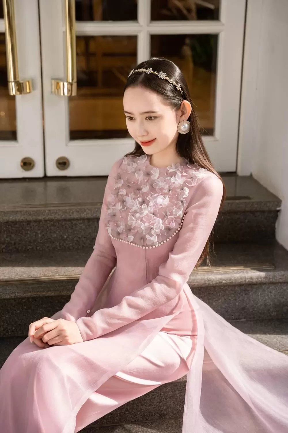 Isabelle Fitted Flower Applique Organza Long Length Ao Dai