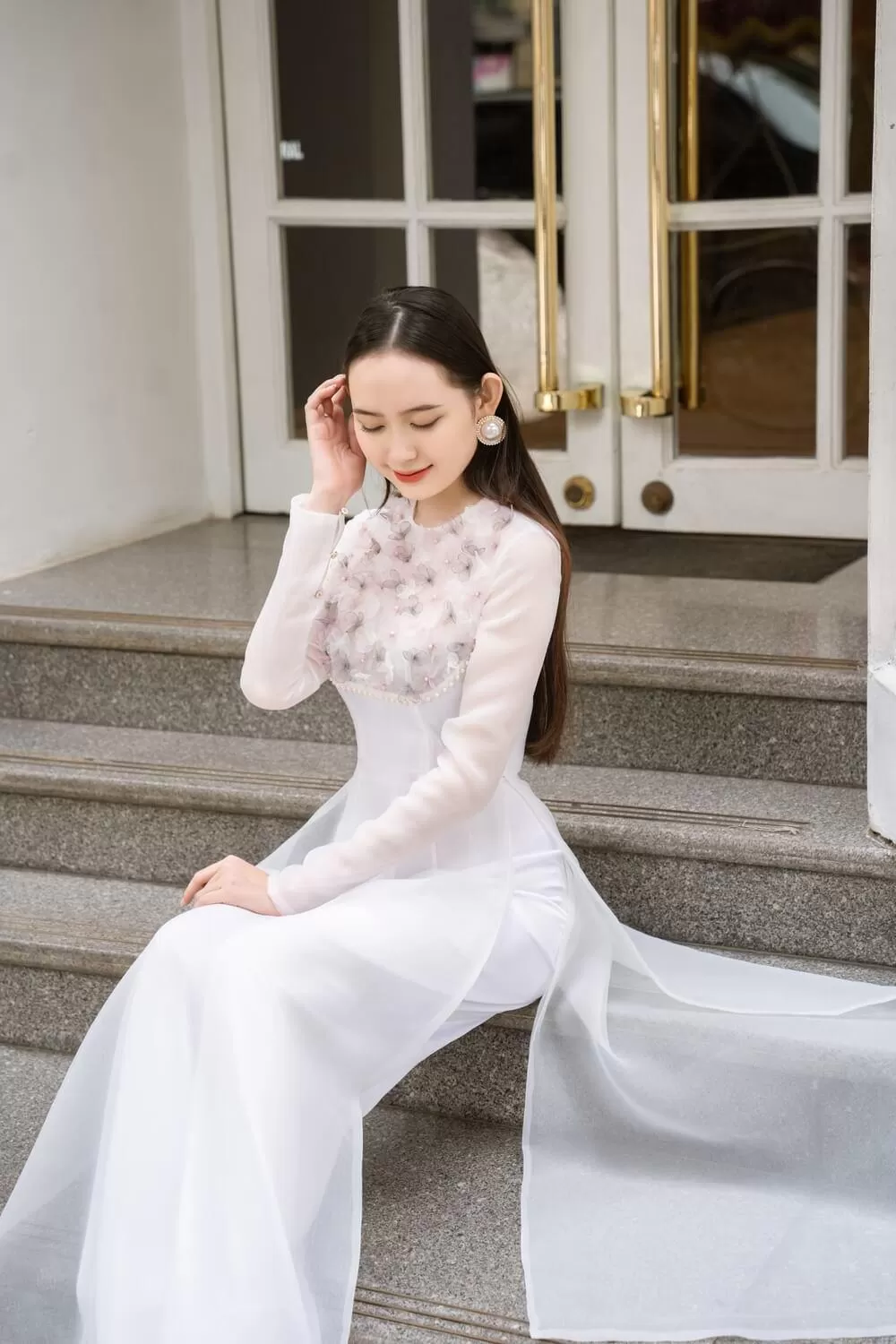 Isabelle Fitted Flower Applique Organza Long Length Ao Dai