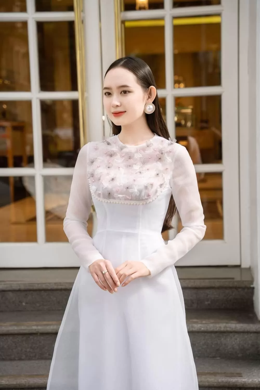 Isabelle Fitted Flower Applique Organza Long Length Ao Dai