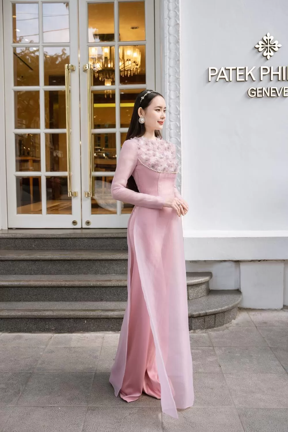 Isabelle Fitted Flower Applique Organza Long Length Ao Dai