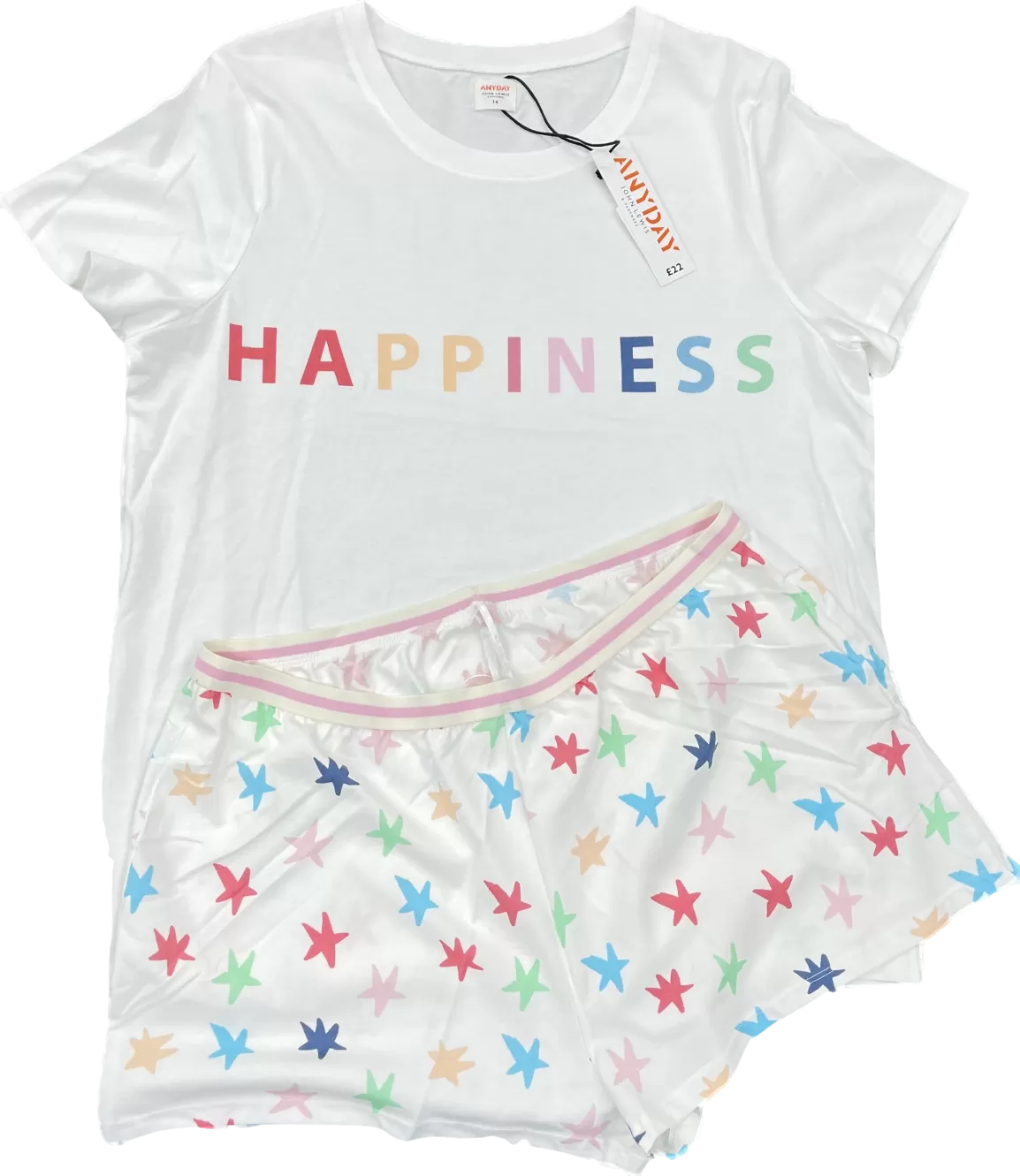 JOHN LEWIS White Multicoloured "happiness" Slogan Sustainable Cotton Shorty Pyjama Set UK 16