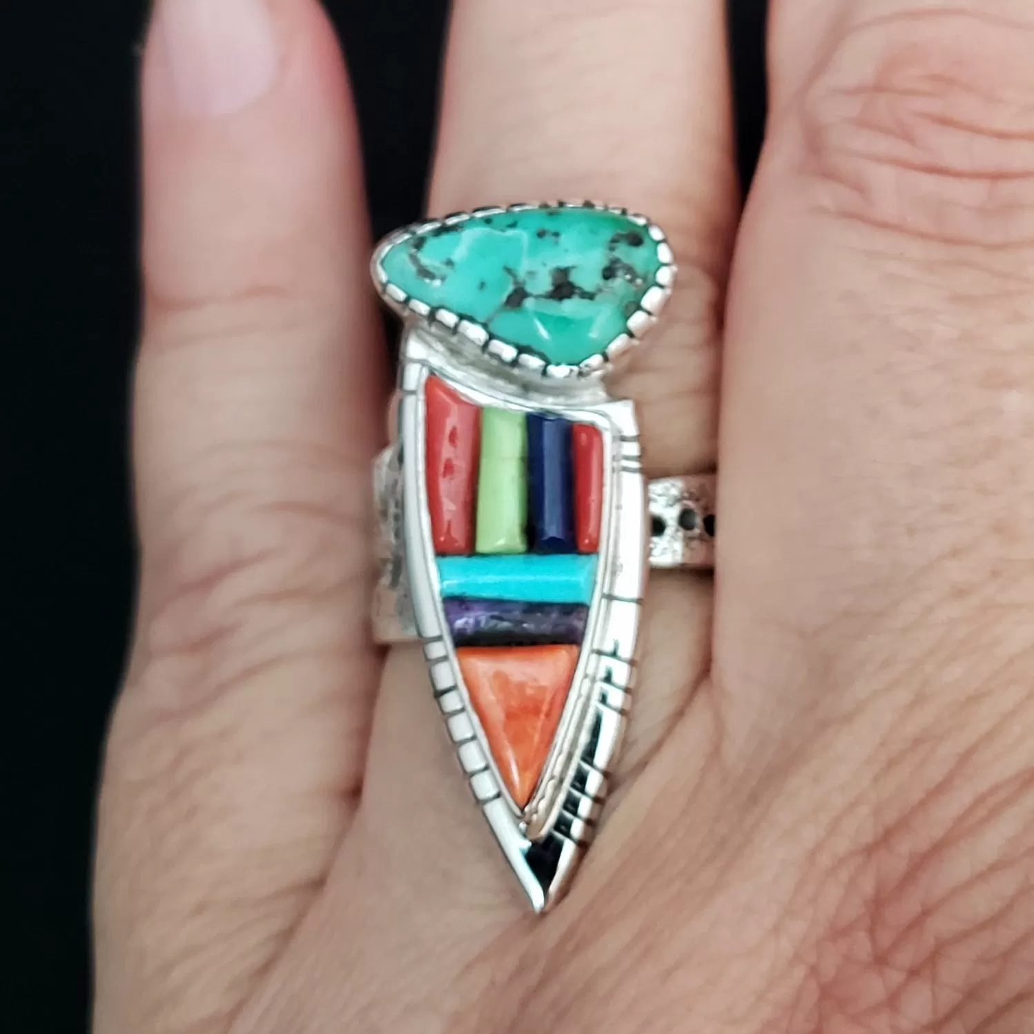 Kingman Turquoise and Inlay Spirit Person Ring