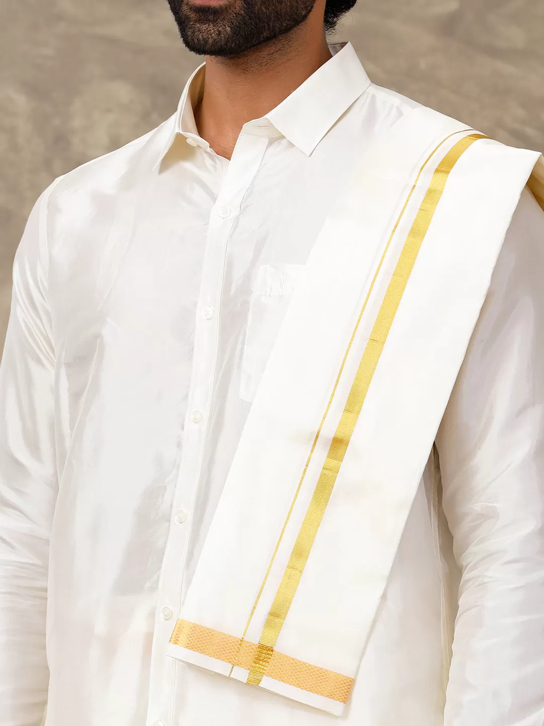 Men Cream Art Silk Full Sleeves Shirt Dhoti & Towel Set