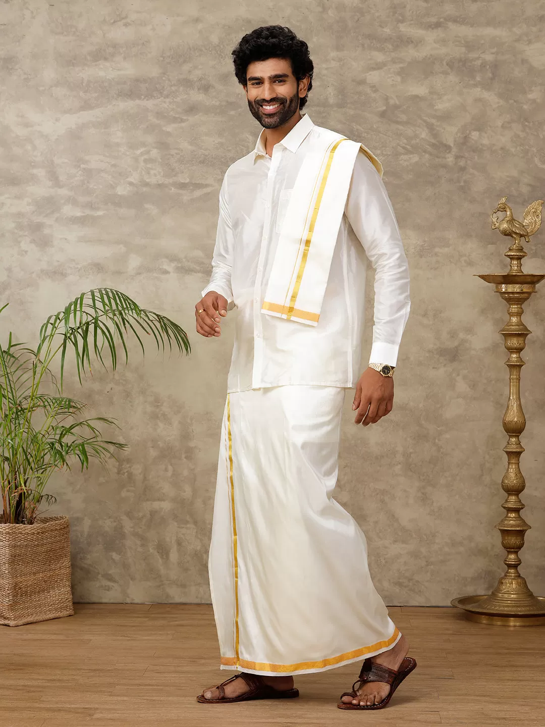 Men Cream Art Silk Full Sleeves Shirt Dhoti & Towel Set