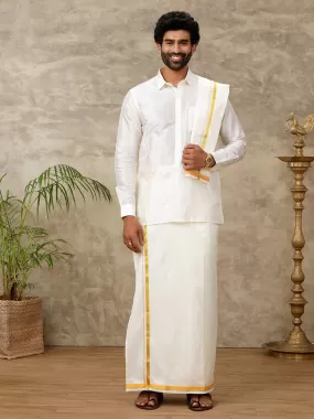 Men Cream Art Silk Full Sleeves Shirt Dhoti & Towel Set