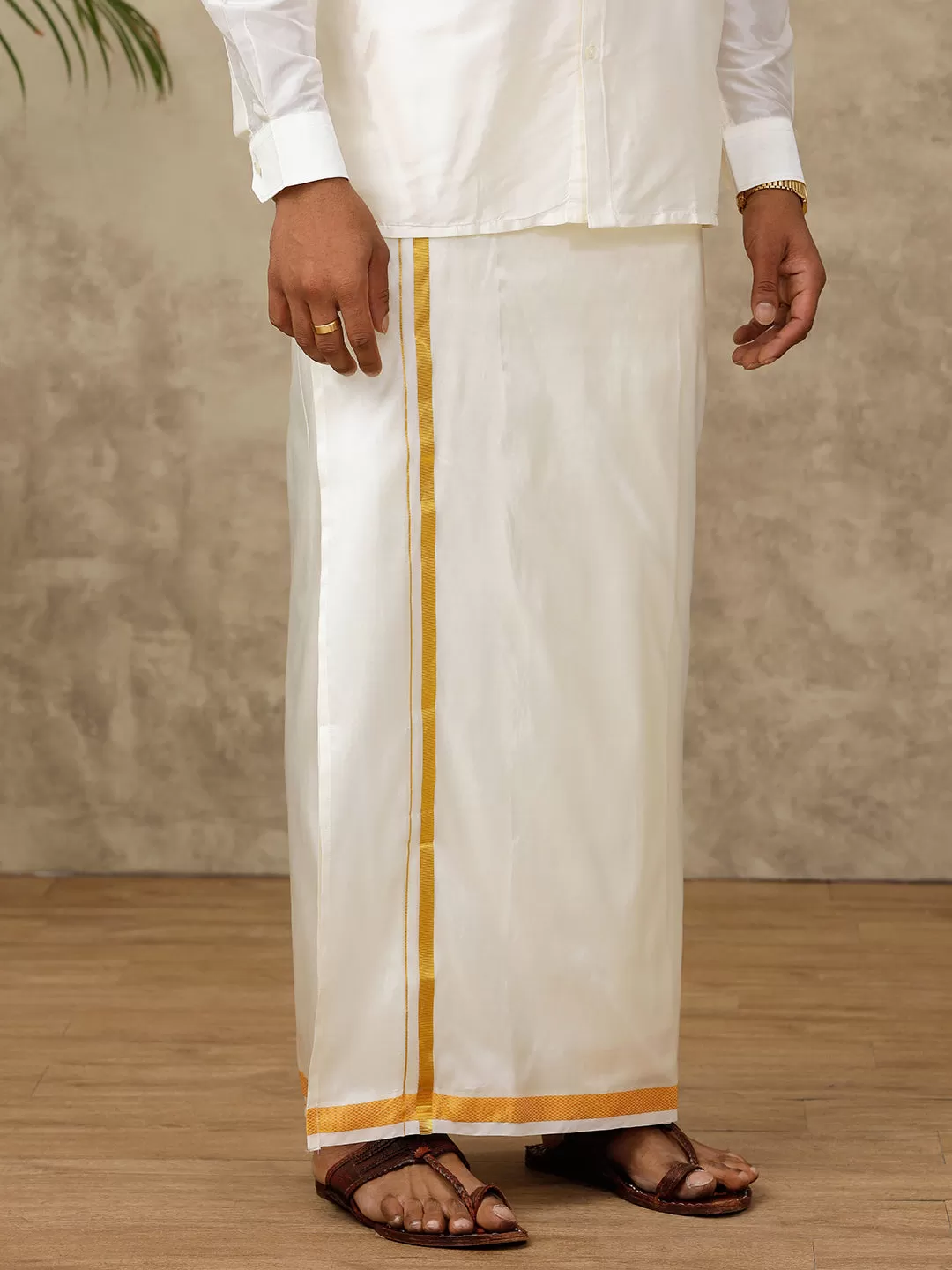 Men Cream Art Silk Full Sleeves Shirt, Double Dhoti & Towel with Belt Combo