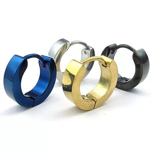 Men Stainless Steel Classic Plain Huggie Hinged Hoop Earrings, 4 Pairs, Black Blue Gold