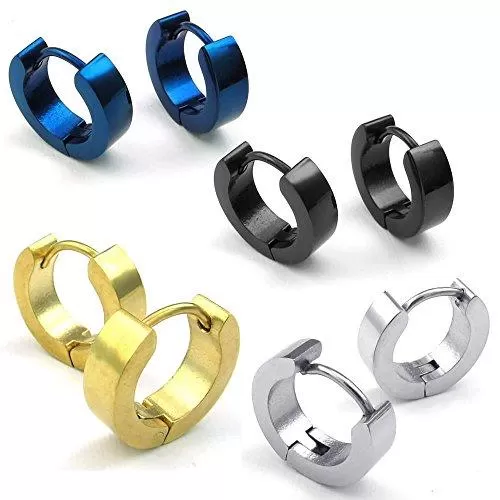 Men Stainless Steel Classic Plain Huggie Hinged Hoop Earrings, 4 Pairs, Black Blue Gold