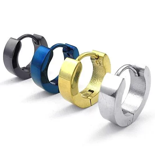 Men Stainless Steel Classic Plain Huggie Hinged Hoop Earrings, 4 Pairs, Black Blue Gold