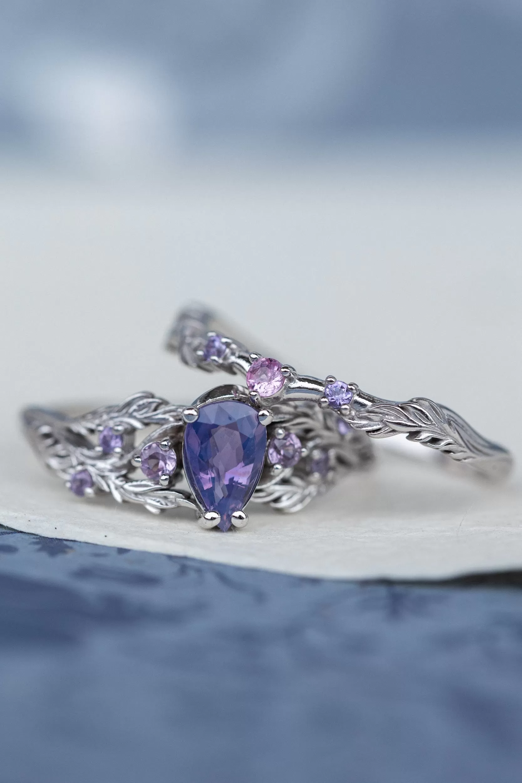 Nature inspired opalescent purple sapphire engagement ring, gold vines and leaves ring with sapphires / Japanese Maple