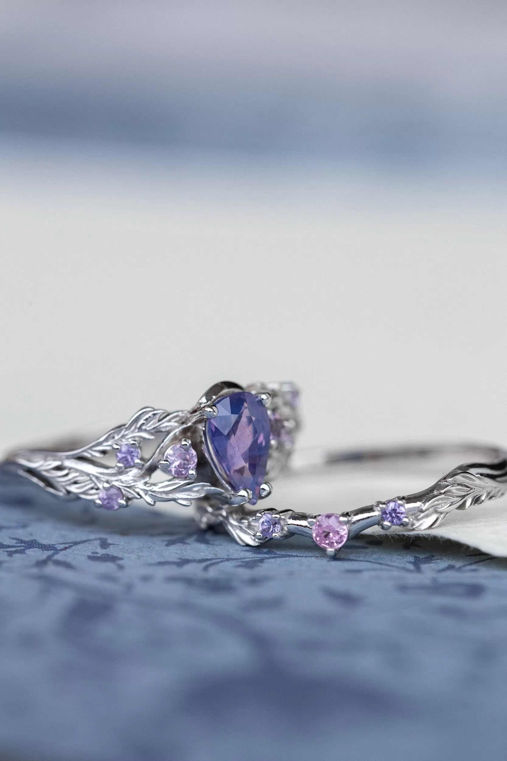 Nature inspired opalescent purple sapphire engagement ring, gold vines and leaves ring with sapphires / Japanese Maple