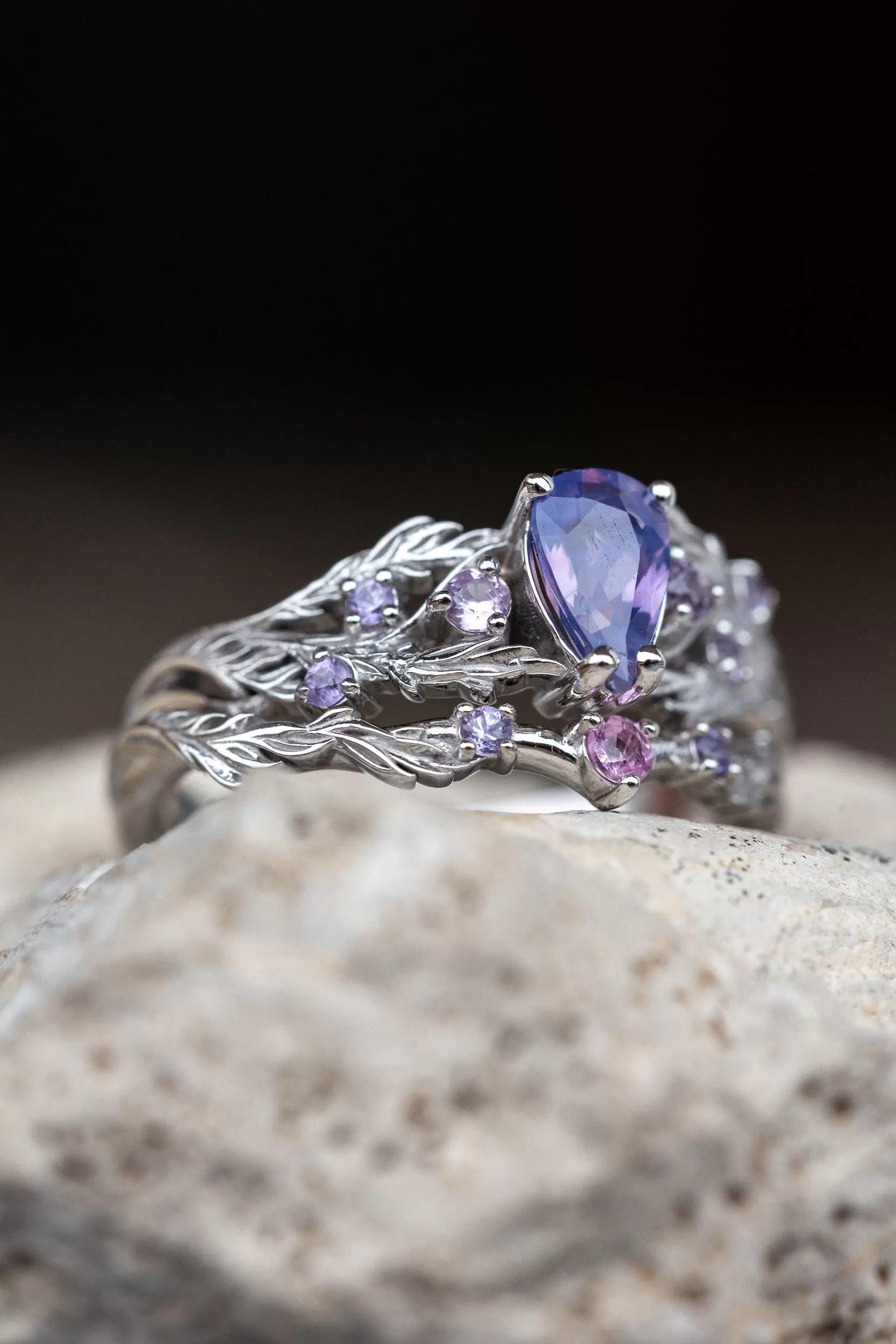 Nature inspired opalescent purple sapphire engagement ring, gold vines and leaves ring with sapphires / Japanese Maple