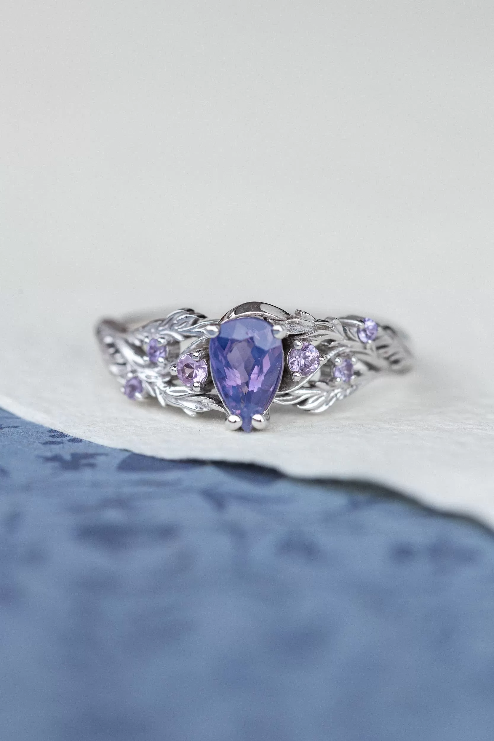 Nature inspired opalescent purple sapphire engagement ring, gold vines and leaves ring with sapphires / Japanese Maple