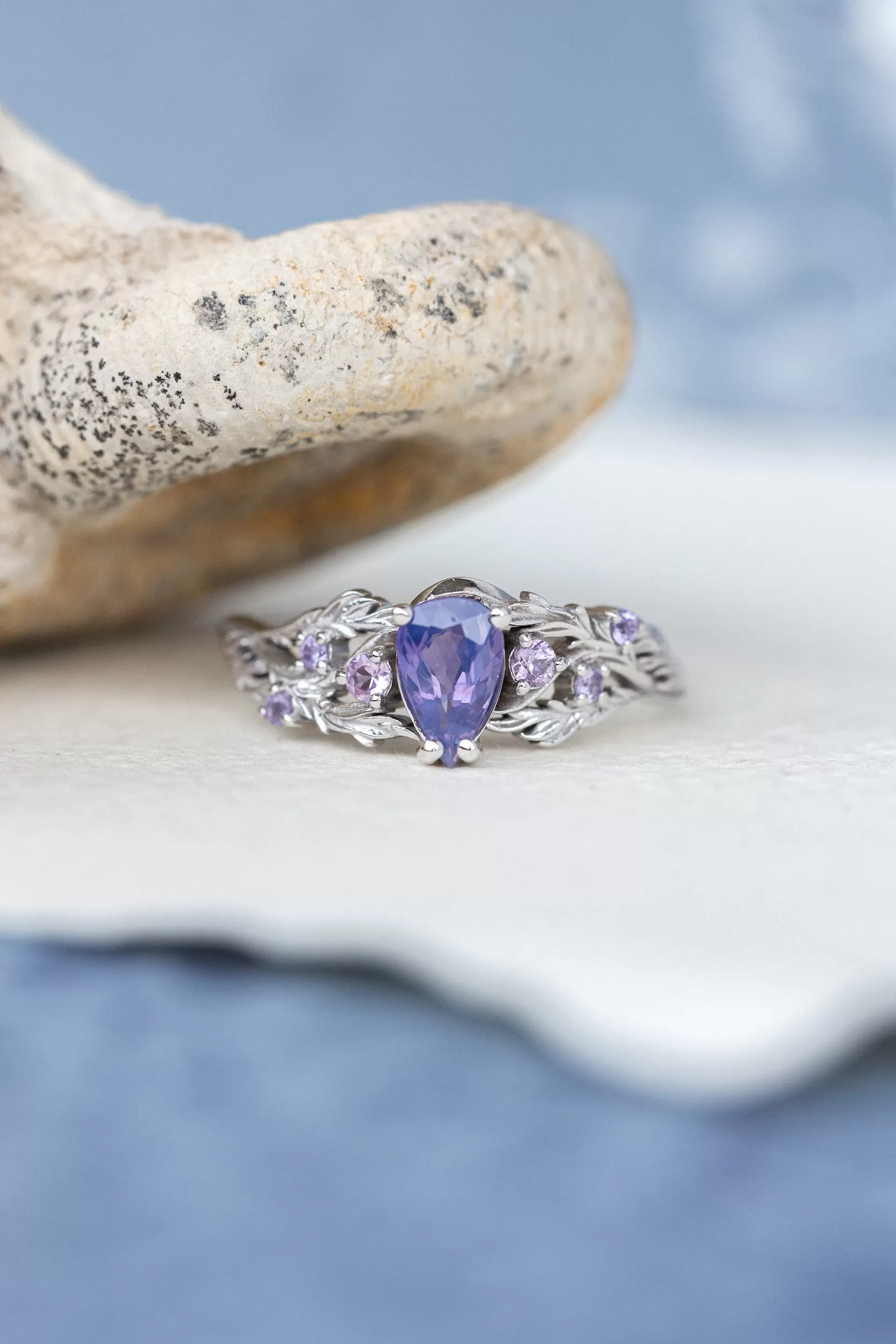 Nature inspired opalescent purple sapphire engagement ring, gold vines and leaves ring with sapphires / Japanese Maple