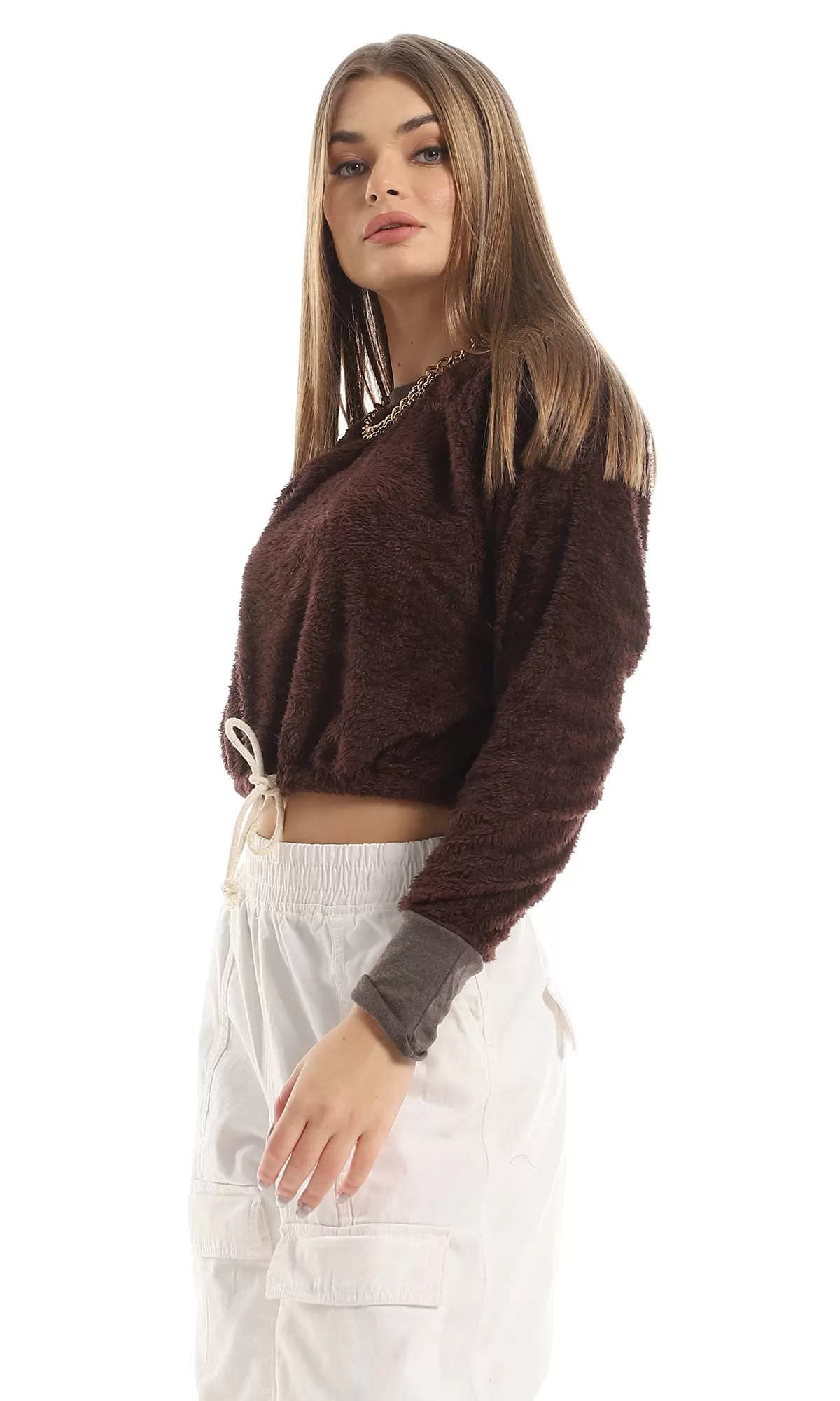 O161379 Round Neck Long Sleeved Fur Cropped Sweatshirt - Brown