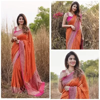 Pink Orange Floral Banarasi Silk Saree