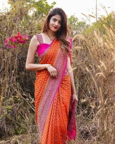 Pink Orange Floral Banarasi Silk Saree