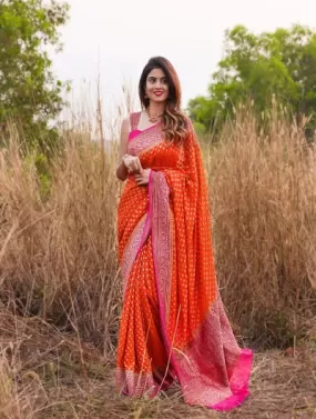 Pink Orange Floral Banarasi Silk Saree