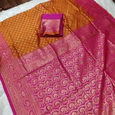 Pink Orange Floral Banarasi Silk Saree