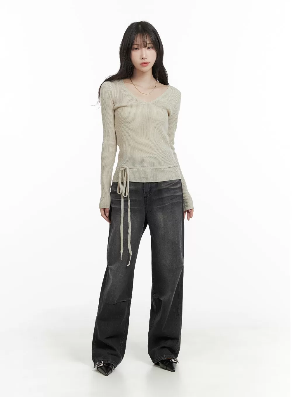 Pintuck Washed Wide Leg Jeans CA403