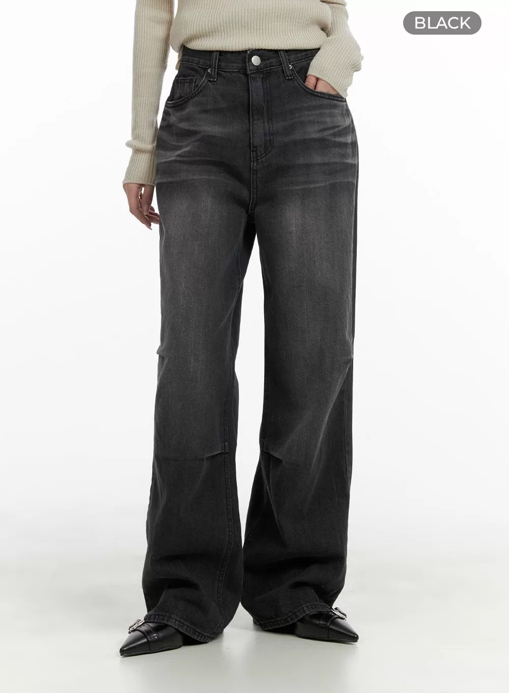 Pintuck Washed Wide Leg Jeans CA403