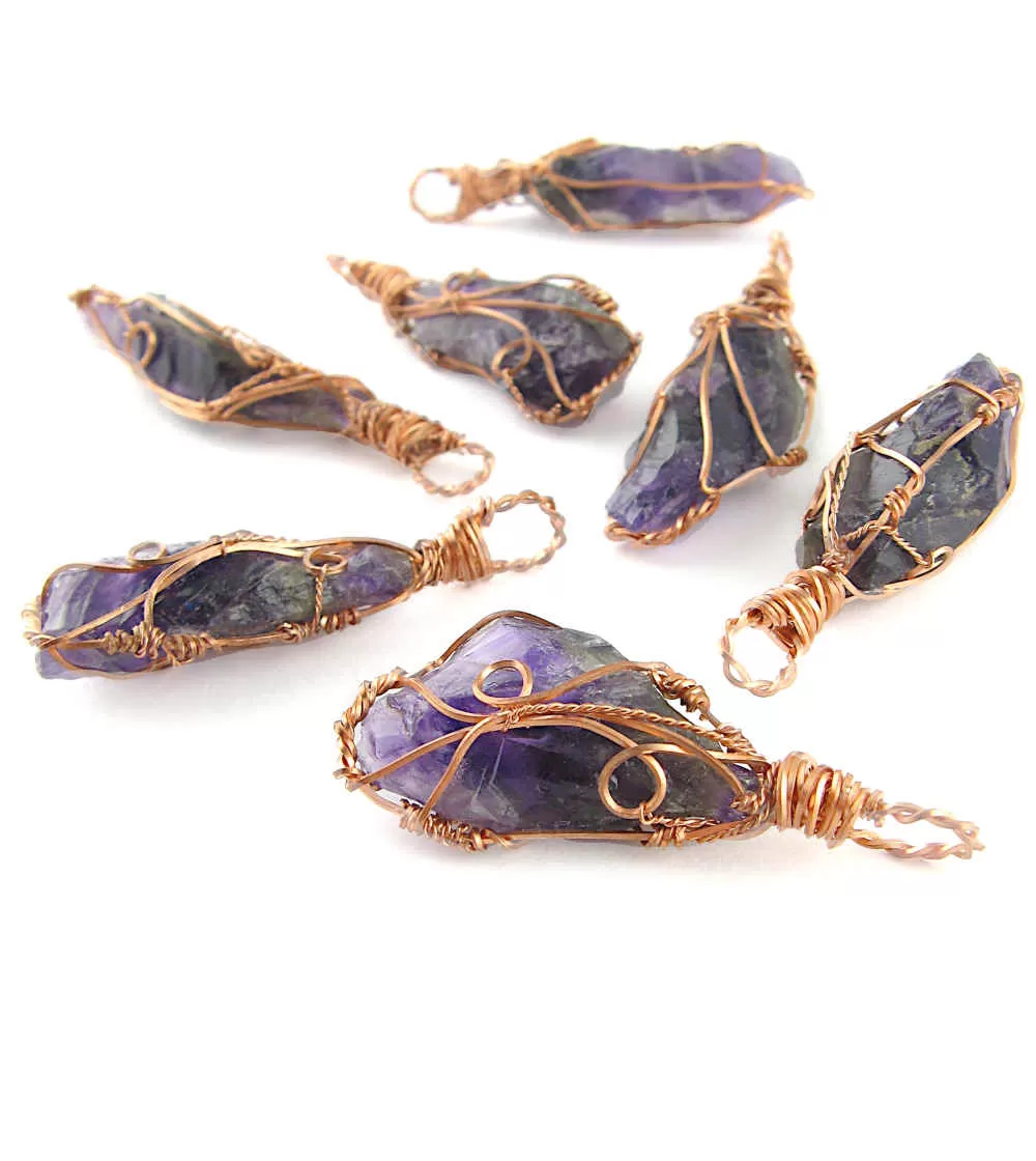 Raw Dark Purple Amethyst Crystal Reversible Pendant Necklace, Copper Wire-Wrapped, Handmade