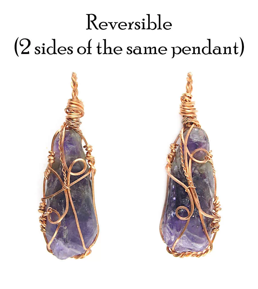 Raw Dark Purple Amethyst Crystal Reversible Pendant Necklace, Copper Wire-Wrapped, Handmade