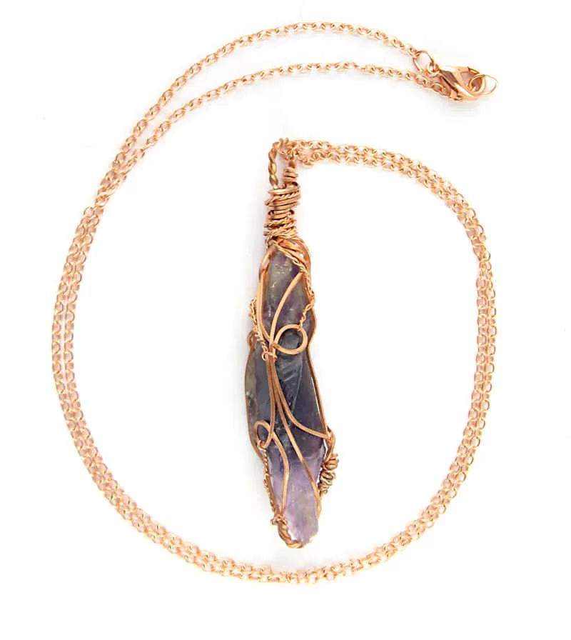 Raw Dark Purple Amethyst Crystal Reversible Pendant Necklace, Copper Wire-Wrapped, Handmade