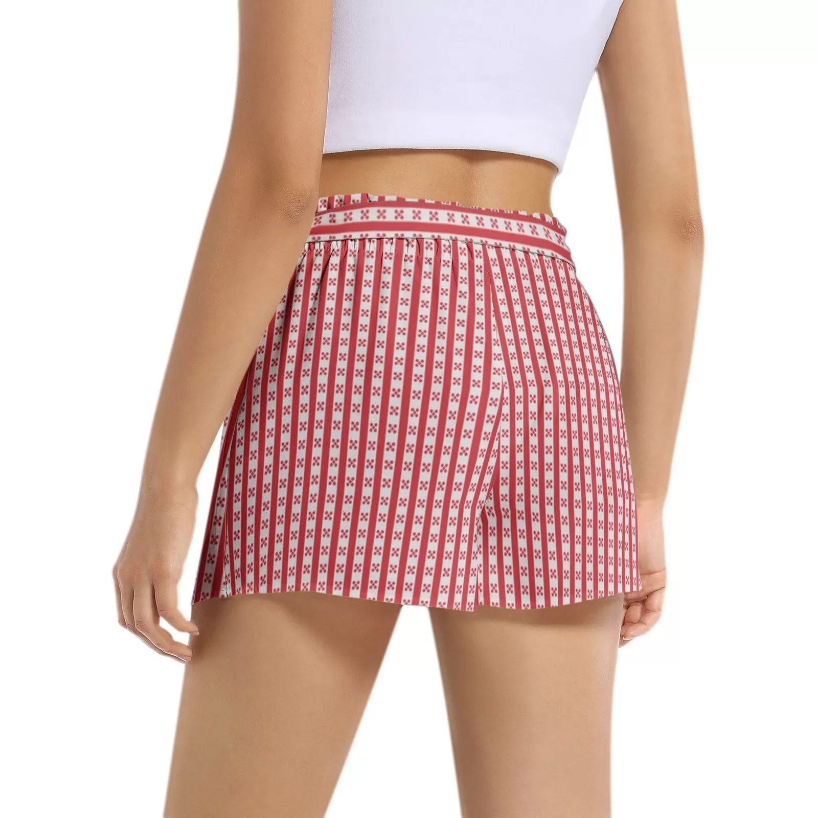 Red Gingham Striped Women's Belted Short