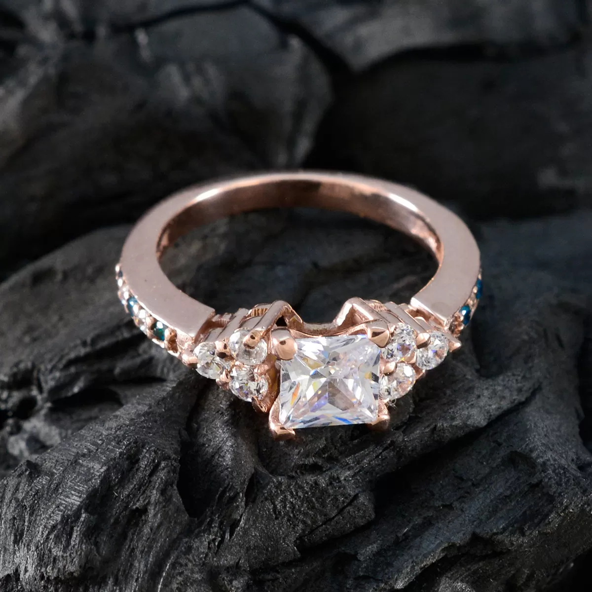 Riyo Bulk Silver Ring With Rose Gold Plating Blue Topaz CZ Stone square Shape Prong Setting Bridal Jewelry Easter Ring